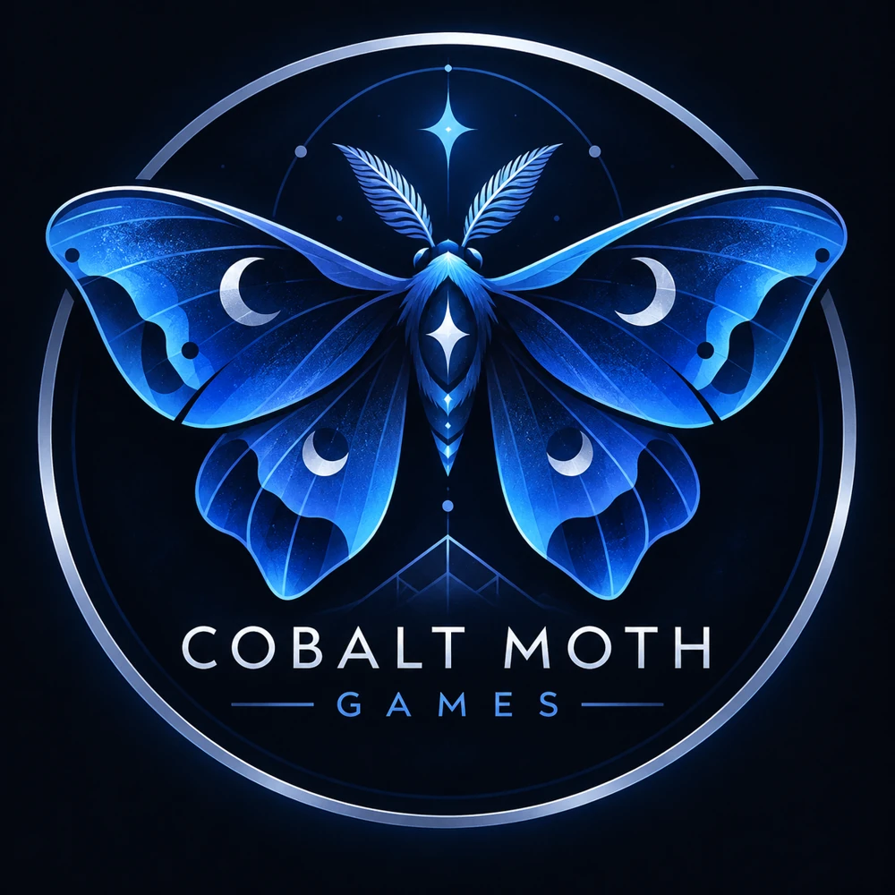 A brilliant blue moth with moon markings, inside the Cobalt Moth Games badge.